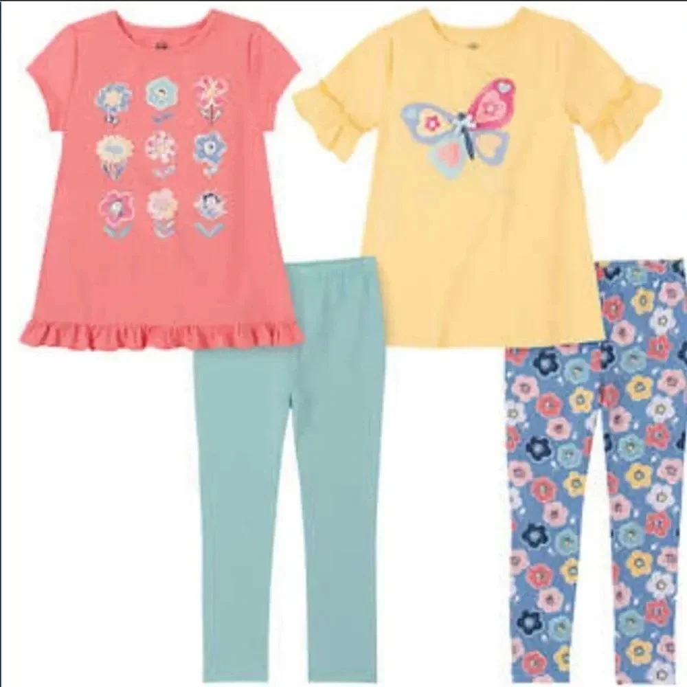Kid's Headquarters Kids' 4-piece Set, Butterfly Flowers 2 Shirts 2 Leggings 2T